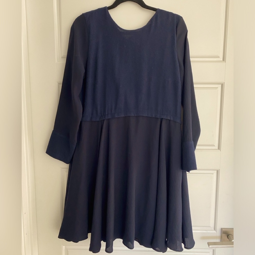 Zara Dress Wool & Viscose long sleeve dress Dark Navy georgette w Navy wool Sz L